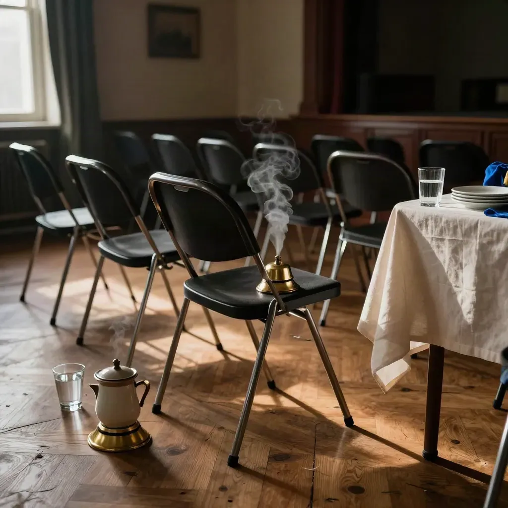 Empty club meeting room with chairs, coffee urn, bell, and water glasses in warm evening light.
