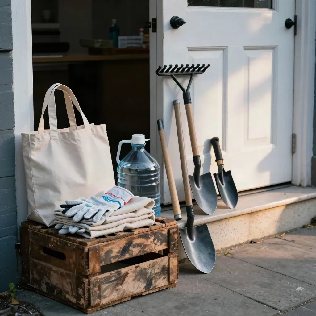 Volunteer kit of tote bags, gloves, water jugs and garden tools beside a community centre door.