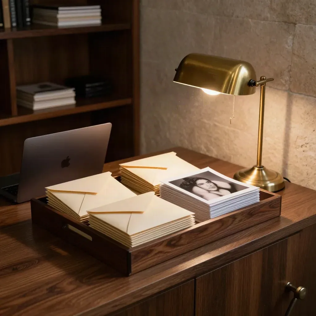 Mail tray with envelopes, photo prints, closed laptop and brass lamp in warm late-afternoon light
