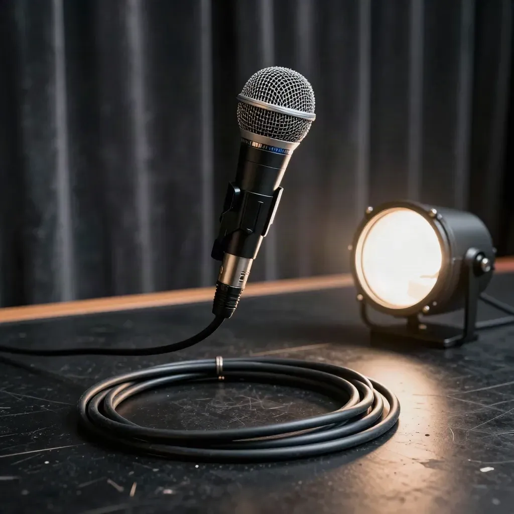 Microphone, clamp, cable and reflector on a dim stage deck with warm haze.