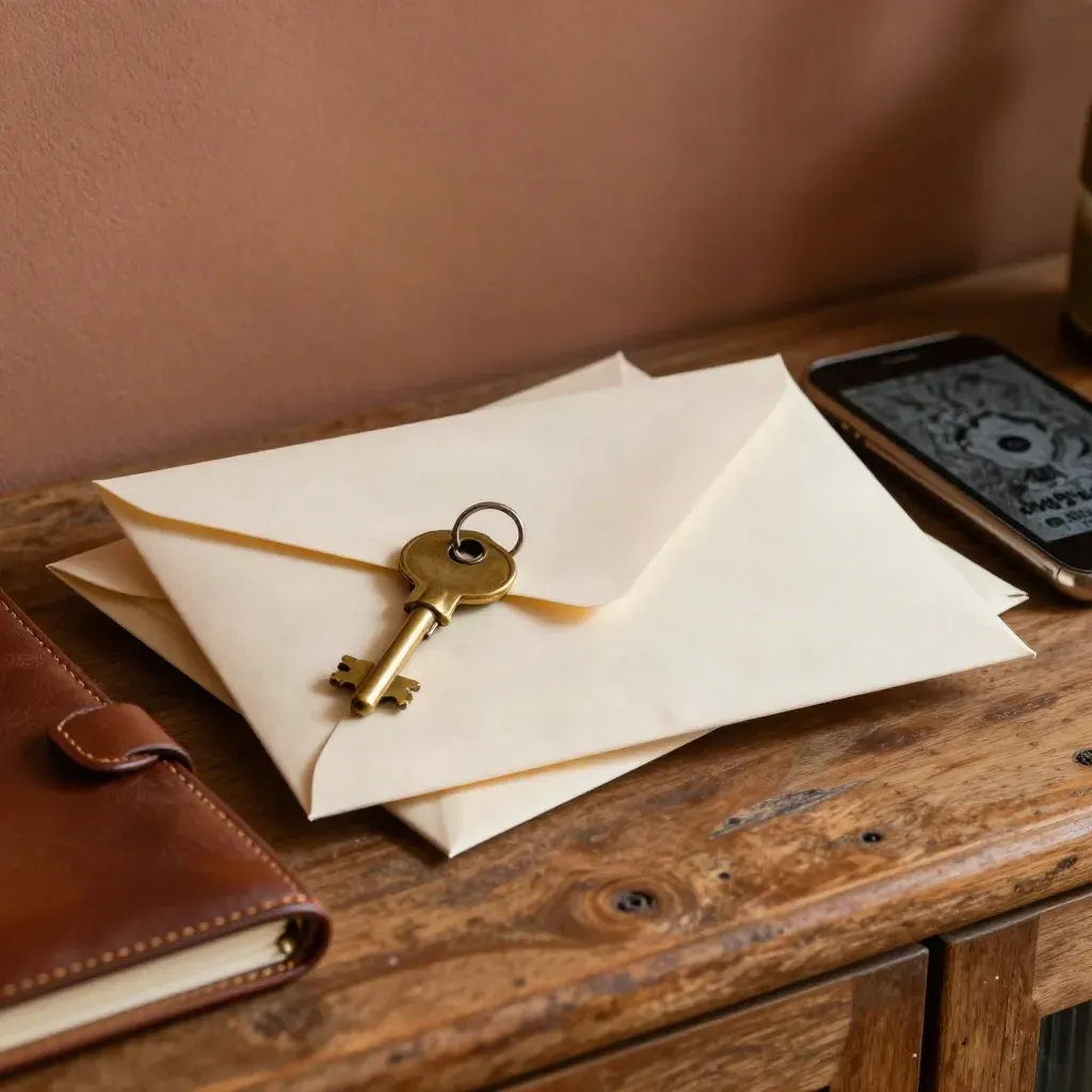 Sealed envelopes, brass key ring, leather notebook and phone on a warm oak tray.