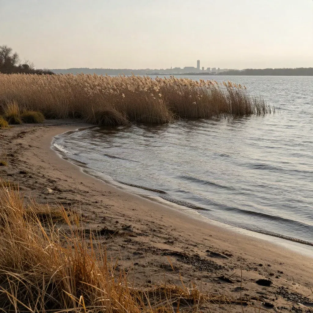 Golden lakeshore vista with marsh grass, distant skyline, and open calm water for copy